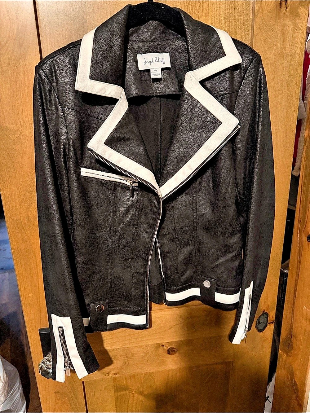Joseph Ribkoff Black and Vanilla Edge Faux Leather Jacket Size Small